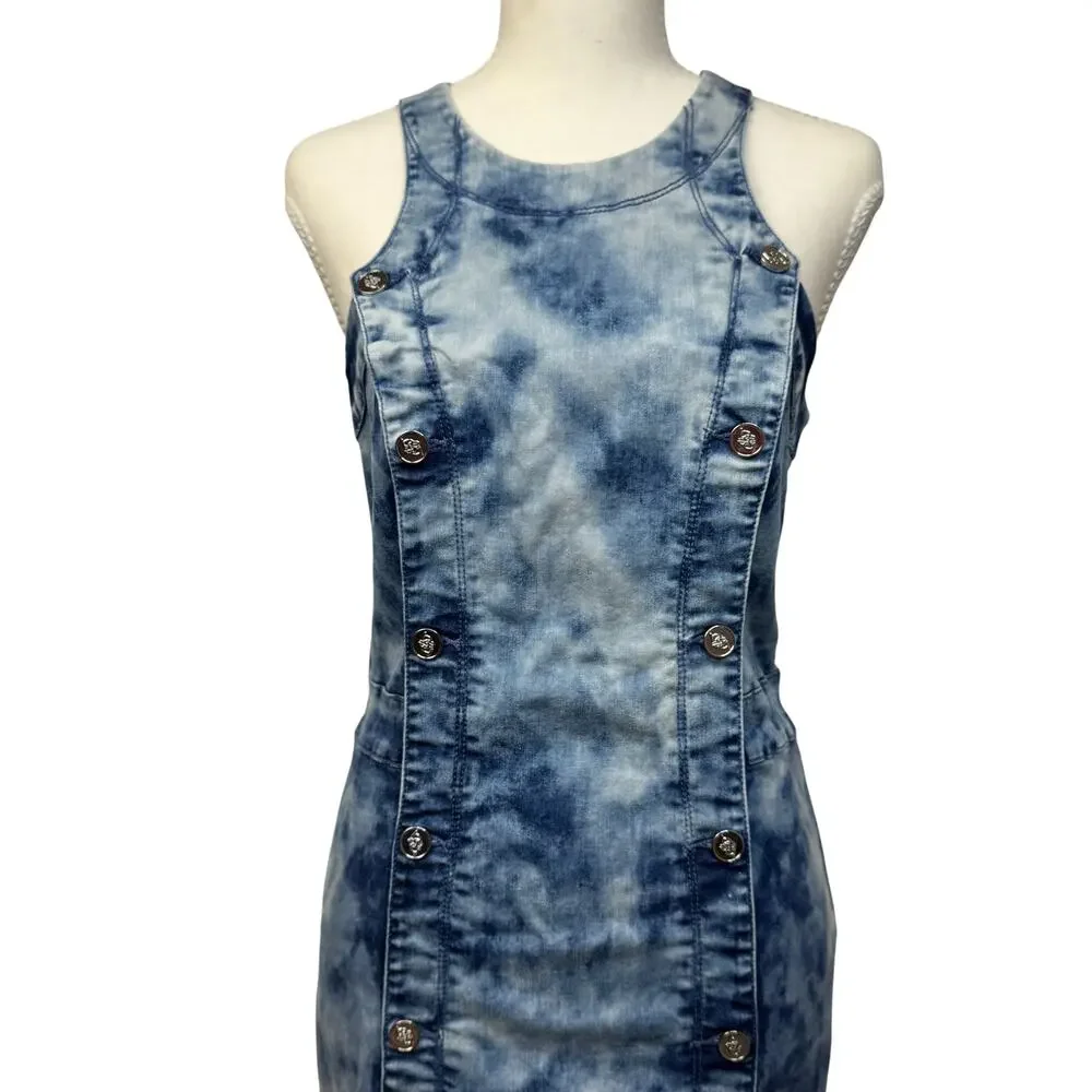 Bebe Denim Bodycon Mini Dress Blue Acid Wash Women’s 8 Y2K 2000s Club McBling - Picture 4 of 16